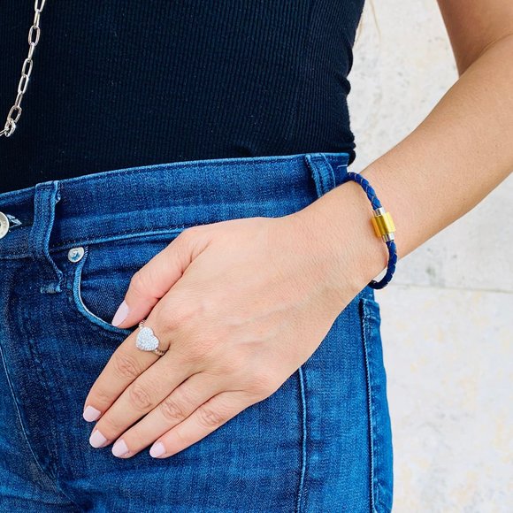 Lisa Schwartz NWT Navy Two-Tone Stainless Steel Braided Leather Bracelet - Picture 2 of 2